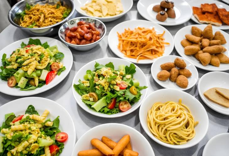 A Colorful Spread of Salads, Pasta, and Snacks